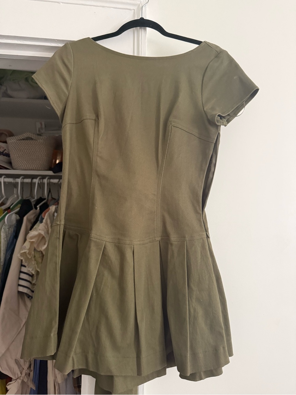 Olive Green Short-Sleeve Pleated Fit-and-Flare Dress